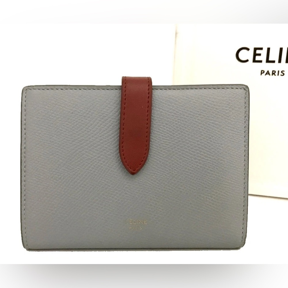 Celine Leather Wallet in Gray with Red Accent